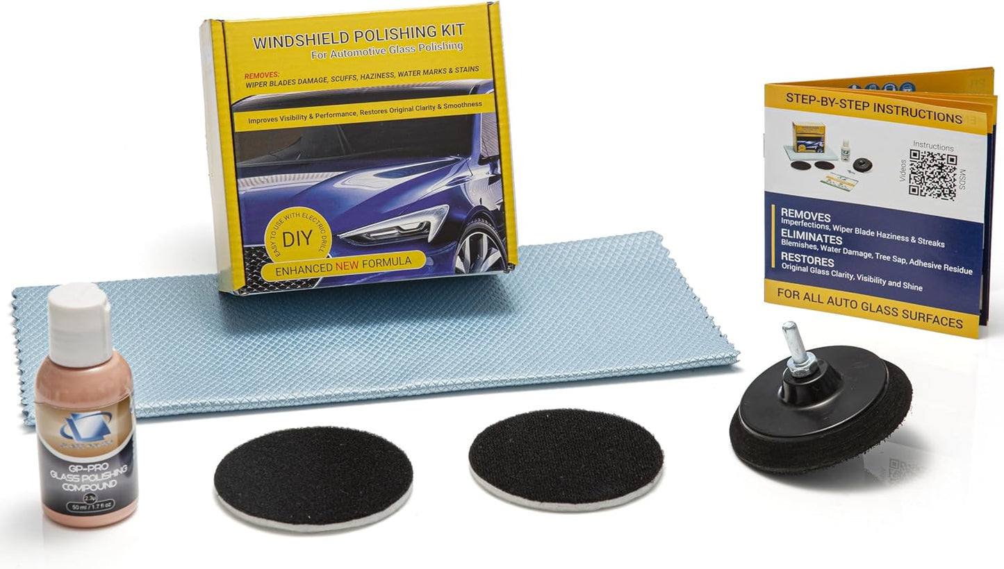 GLASS POLISH DIY 3” (75mm) Windshield Polishing Kit for Car Glass Restoration, Remove Wiper Blade Damage, Fine Scratches, Haziness, and Water Spots, Restore Glass Clarity and Shine
