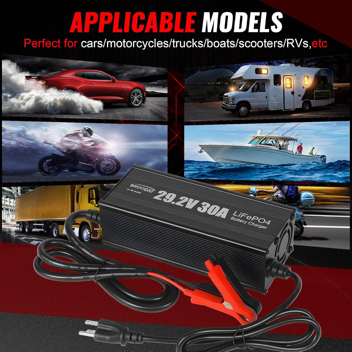 29.2V/24V 30A LiFePO4 Lithium Battery Charger, for Car Truck Moto