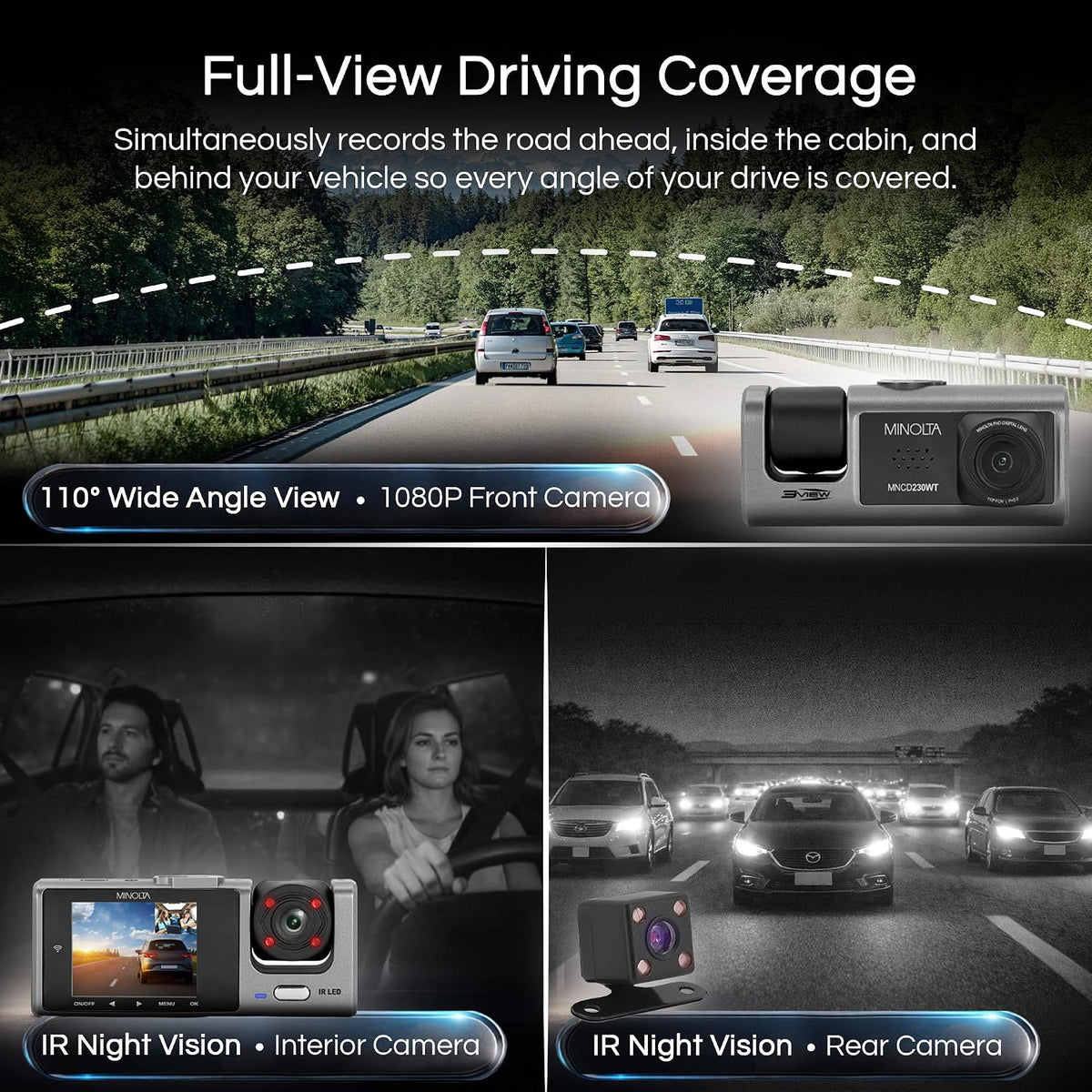 Minolta MNCD230WT 3View 3-Channel Dash Camera 1080P HD (Gray)