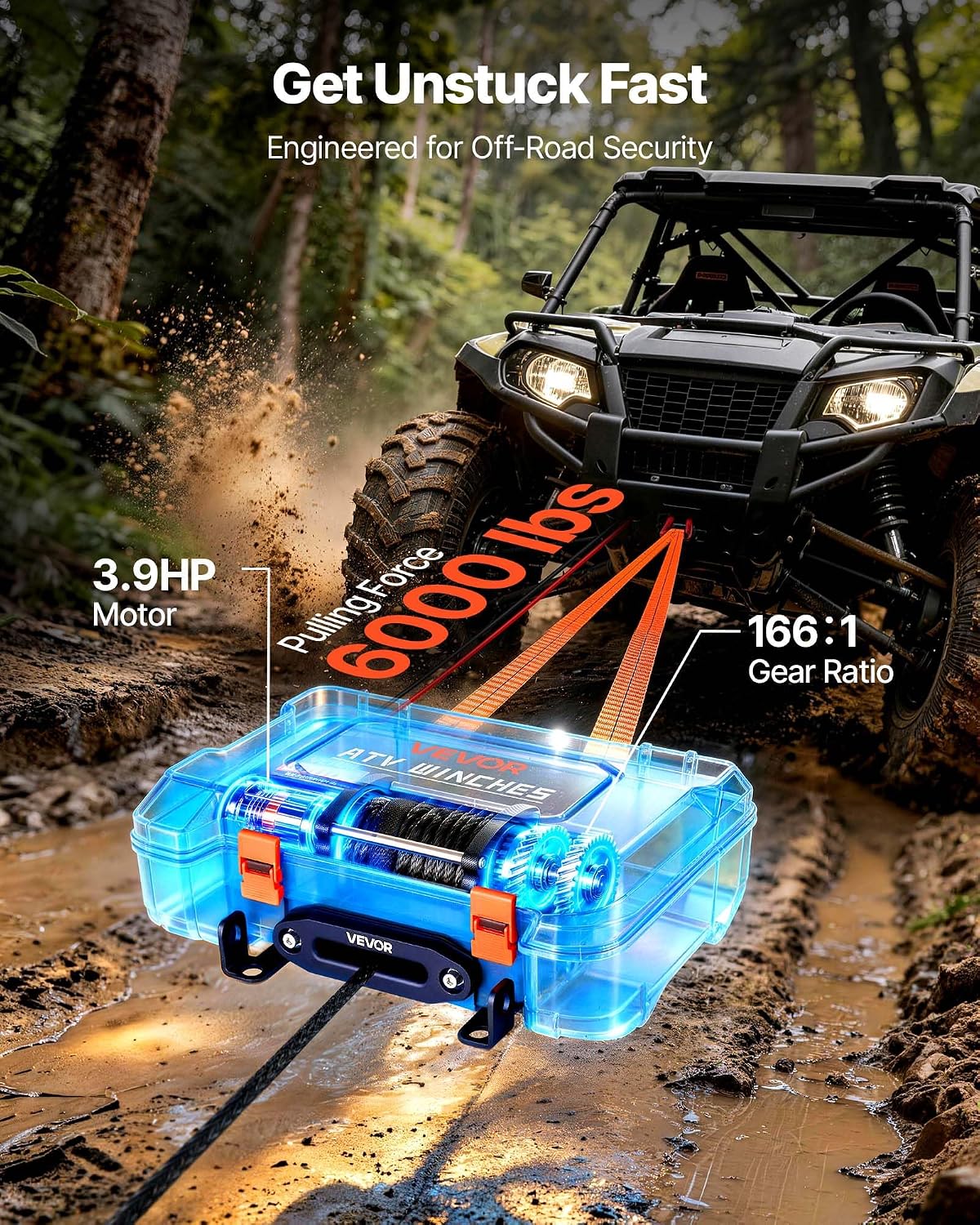 VEVOR Portable Winch, 6000 lbs 12V DC Electric Winch with Synthetic Rope, Wireless & Wired Remotes, Box-Style Recovery Kit with Fairlead, Clevis Hook, Strap for ATV UTV Off-Road Outdoor Pulling Tasks