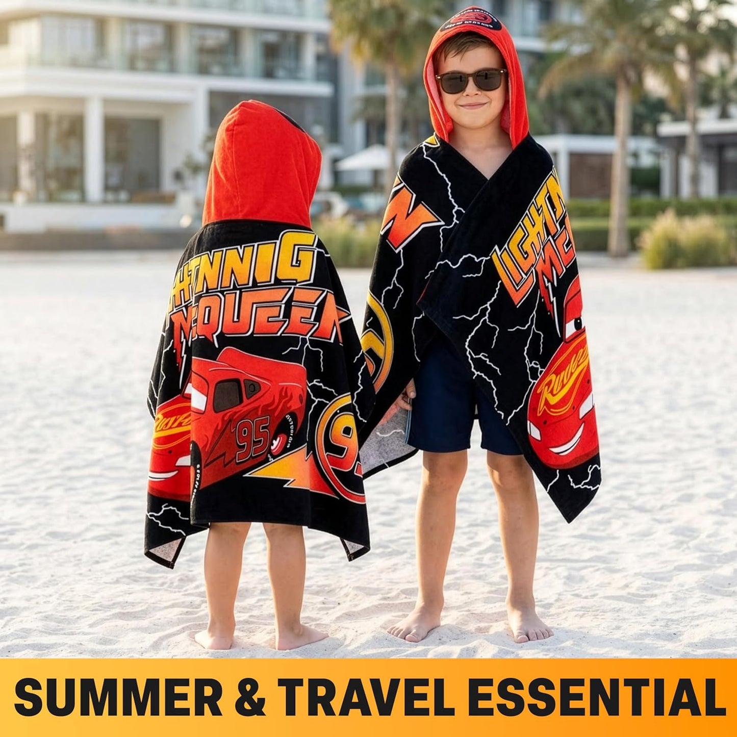 Disney Pixar Cars Bath Towels with Hood for Boys, Ages 2-6, Lightning McQueen Soft and Absorbent Hooded Cotton Beach Towel Wrap, Swimming Pool Poncho, Gifts for Boys (Red/Black Cars)