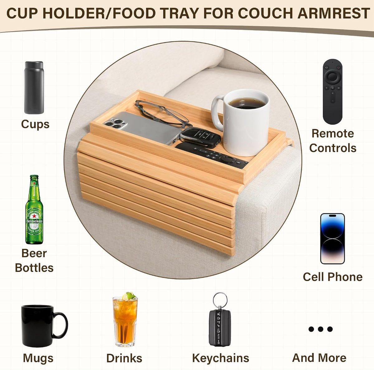 Bamboo Sofa Arm Tray, Anti-Dropping Couch Arm Tray, Foldable Sofa Armrest Tray Couch Arm Table for Eats, Drinks, Snacks, Remote, Cellphone, Cup Holder, Back Anti-Slip Pad Design
