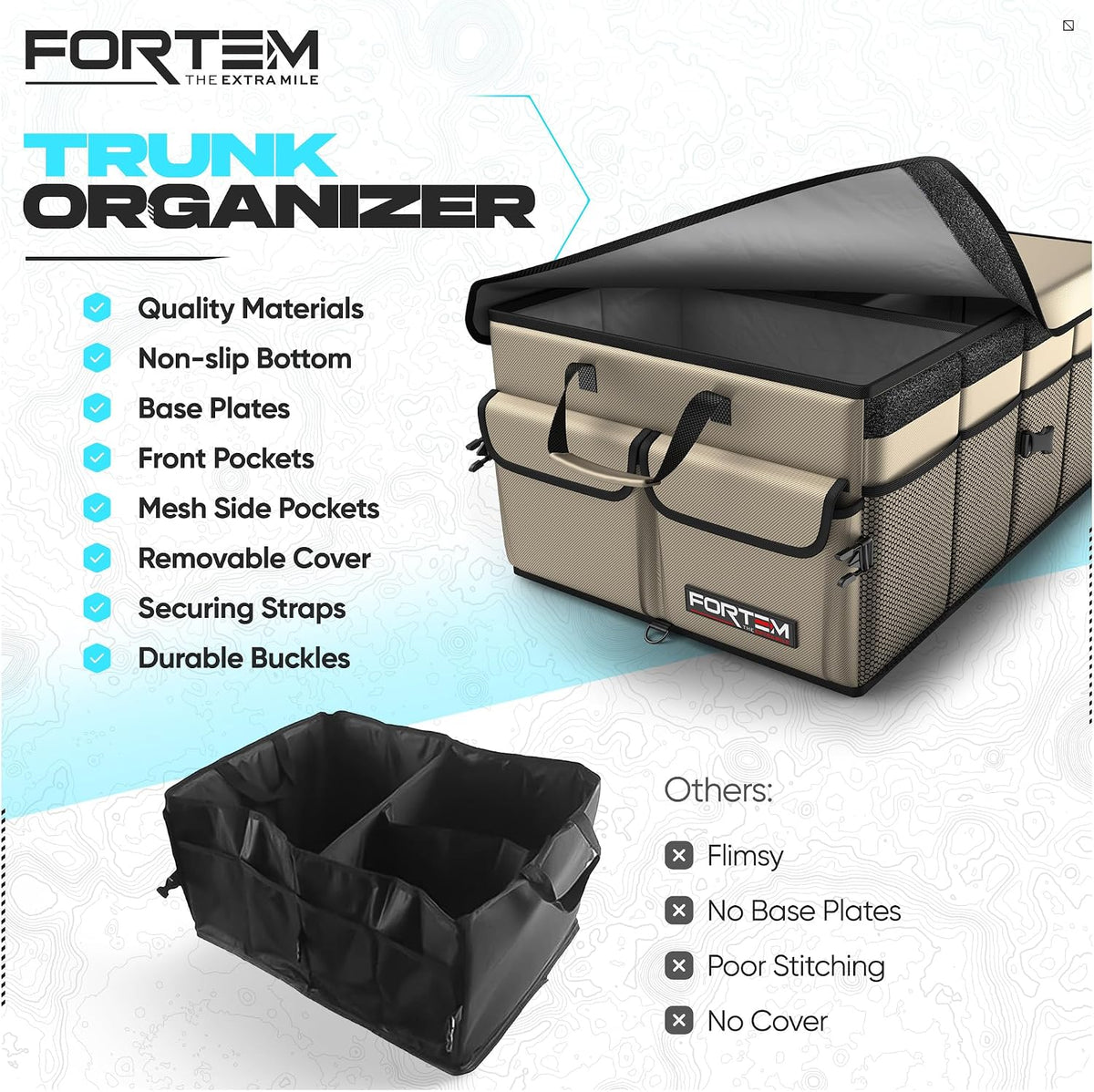 FORTEM Trunk Organizer For SUV Car Trunk Organizer, Foldable Storage, Car Accessories for Women Men, Collapsible Bag, 600D Oxford, Non Slip Bottom, Straps, Soft Cover (50L)