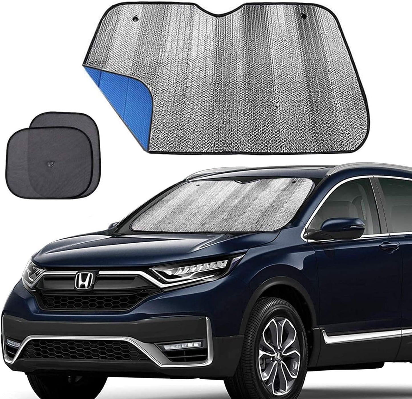 Big Ant Windshield Sun Shade Car Window Sunshade with Side Window Shades as Bonus, Blue Foldable UV Ray Visor Protector Shield Cover Keeps Vehicle Cool (Size 55" x 27.5")