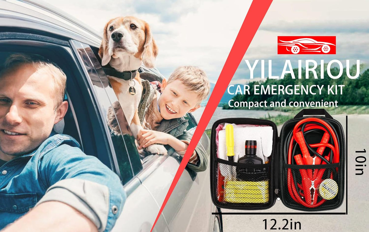 YILAIRIOU Car Roadside Emergency Kit, with Jumper Cables Automotive Kit,Car Safety Roadside Assistance Kit Headlamp,Tow Straps,Screwdrivers, Rainwear, Gloves.Red