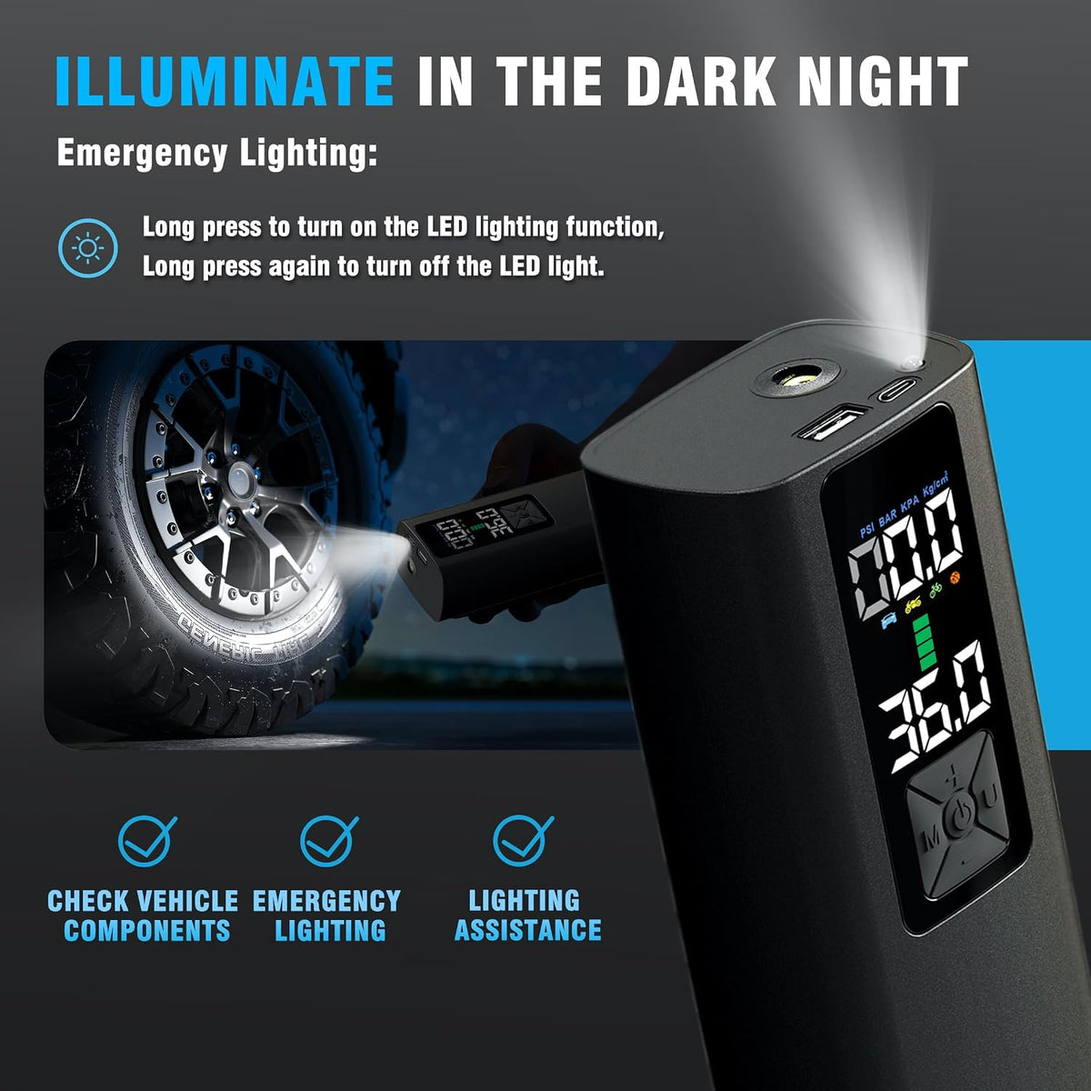 Tire Inflator Portable Air Compressor Auto Air Pump for Car Tire Car Accessories with Color Digital Pressure Gauge 4X Faster Inflation Rechargeable for Motorcycle Bike Ball Power Bank LED Light