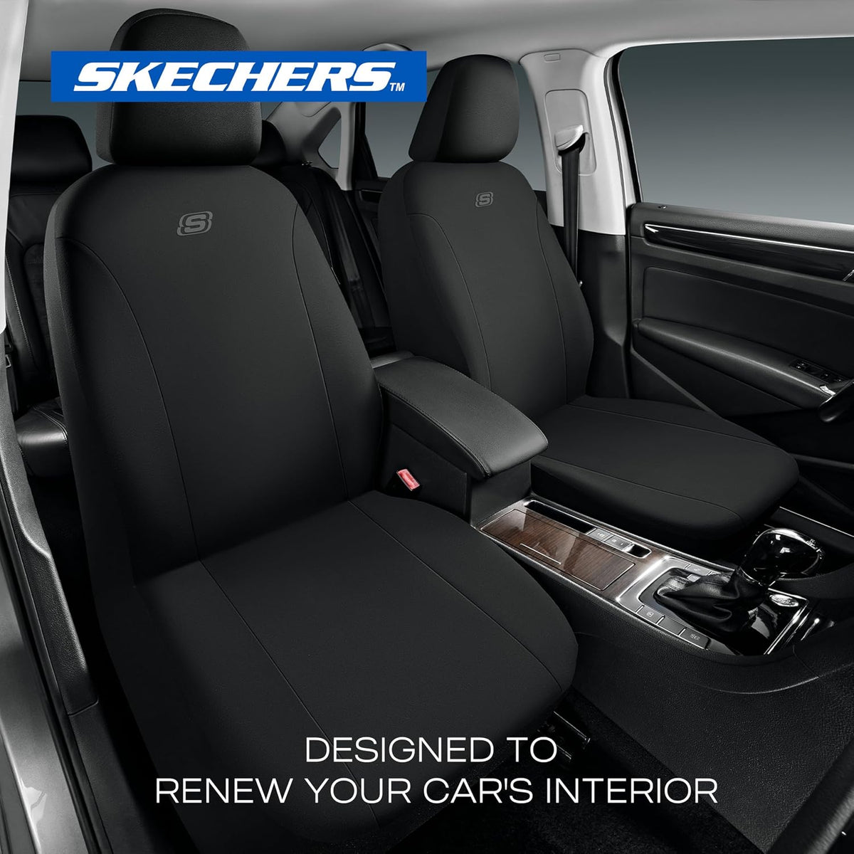 Skechers Seat Covers, Premium Breathable Polyester Seat Covers, Car Seat Covers Front Seats Airbag Compatible, Automotive Comfort for Most Cars, Vans, Trucks, SUVs (Two Front, Black)