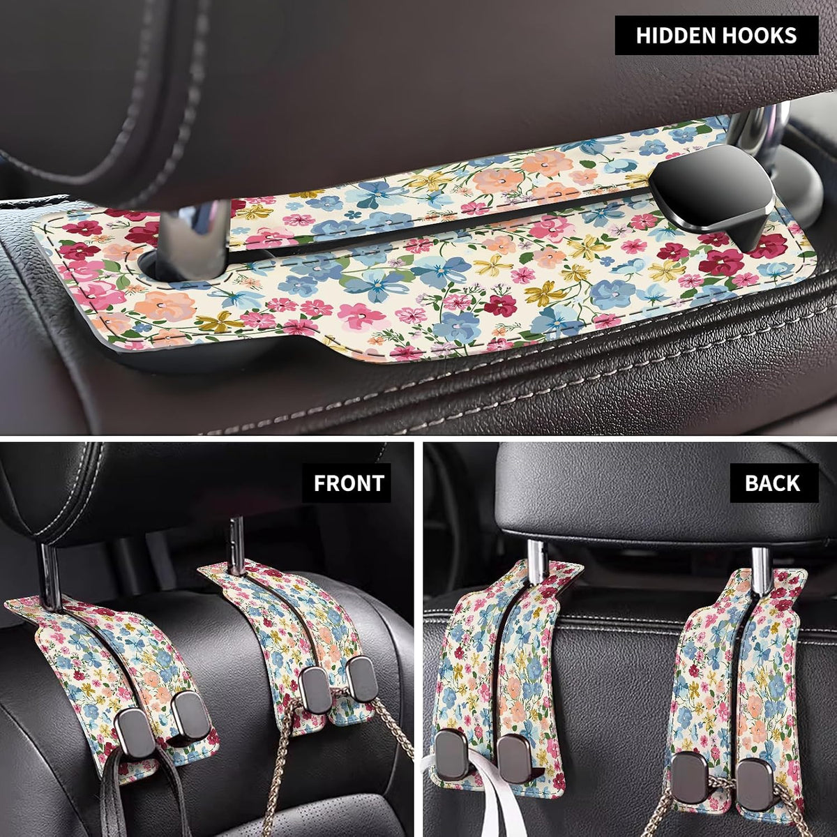 Car Seat Back Storage Headrest Hook, Premium Leather Double Metal Hook, Hanger Storage Organizer for Purse Cloth Bag, Car Interior Accessories Colorful Boho Flowers