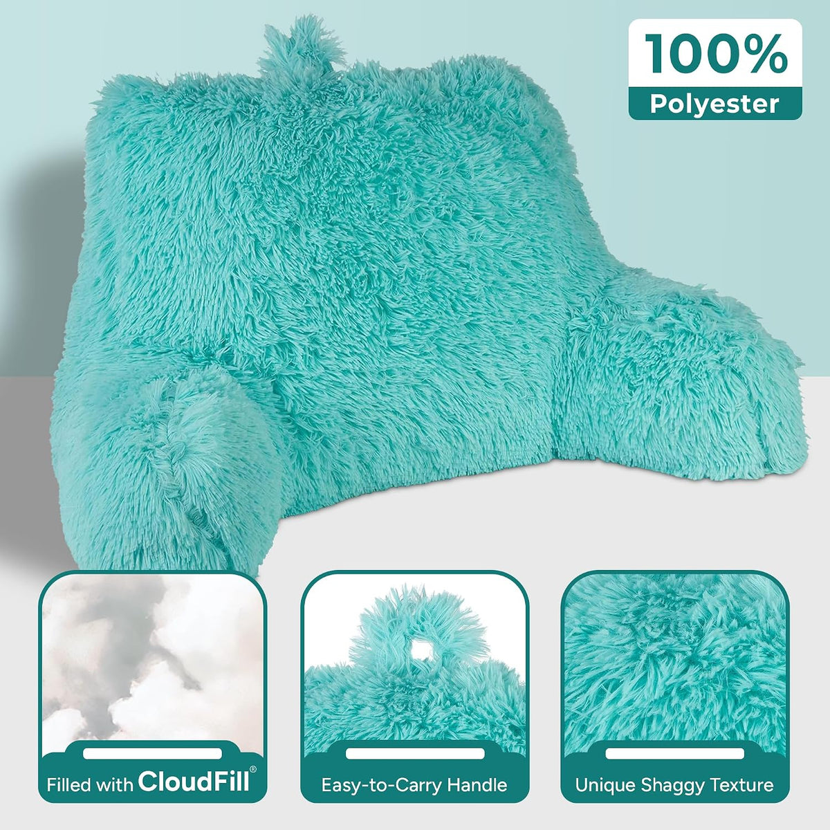 Klear Vu Shaggy Reading Pillow Back Rest Body Pillow for Adults and Kids, Lumbar and Arm Support on Bed, Chair, Couch, Sofa and Floor, 30" x 21", One Size, Aqua