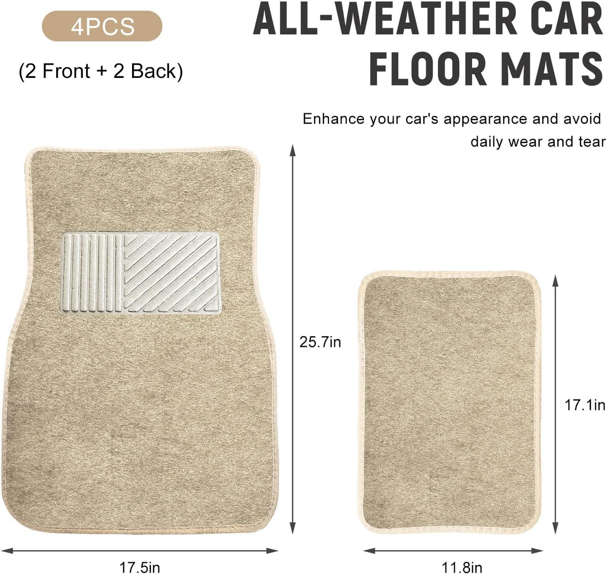 4 PCS Car Floor Mats, Anti-Slip Front & Rear Auto Carpet Pad for All Weather Protection, Waterproof Floor Mat Heavy Duty Protective Pad Universal for Cars Trucks SUVs (Beige)