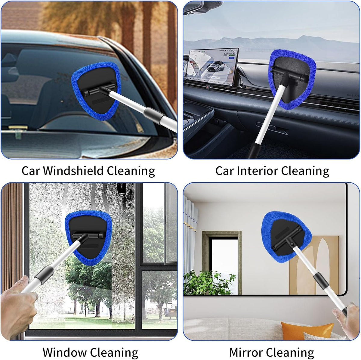 Windshield Cleaning Tool, 23-inch Extendable Handle Car Window Cleaner with 4 Reusable and Washable Microfiber Pads, Auto Glass Wiper Kit for Interior & Exterior, Ideal for Dirty Car Windows, Blue