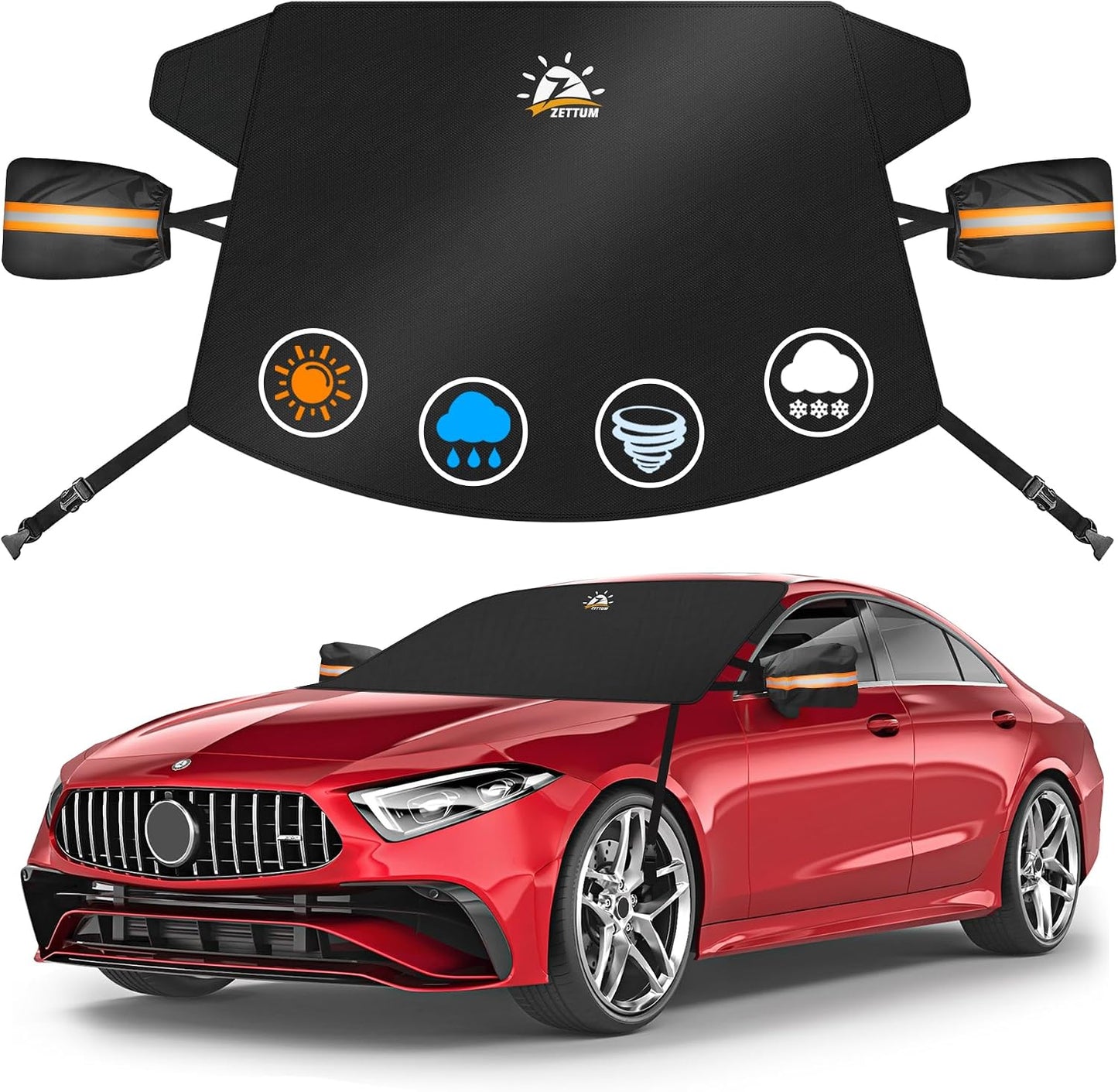 Zettum Car Windshield Cover for Ice and Snow - 600D Windshield Snow Cover with Side Mirror Cover Heavy Duty, Standard Winter Frost Hail Protector for Most Car, Truck, SUV, Van and MPV (70 x 50 Inch)