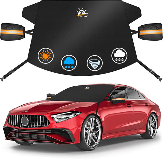 Zettum Car Windshield Cover for Ice and Snow - 600D Windshield Snow Cover with Side Mirror Cover Heavy Duty, Standard Winter Frost Hail Protector for Most Car, Truck, SUV, Van and MPV (70 x 50 Inch)