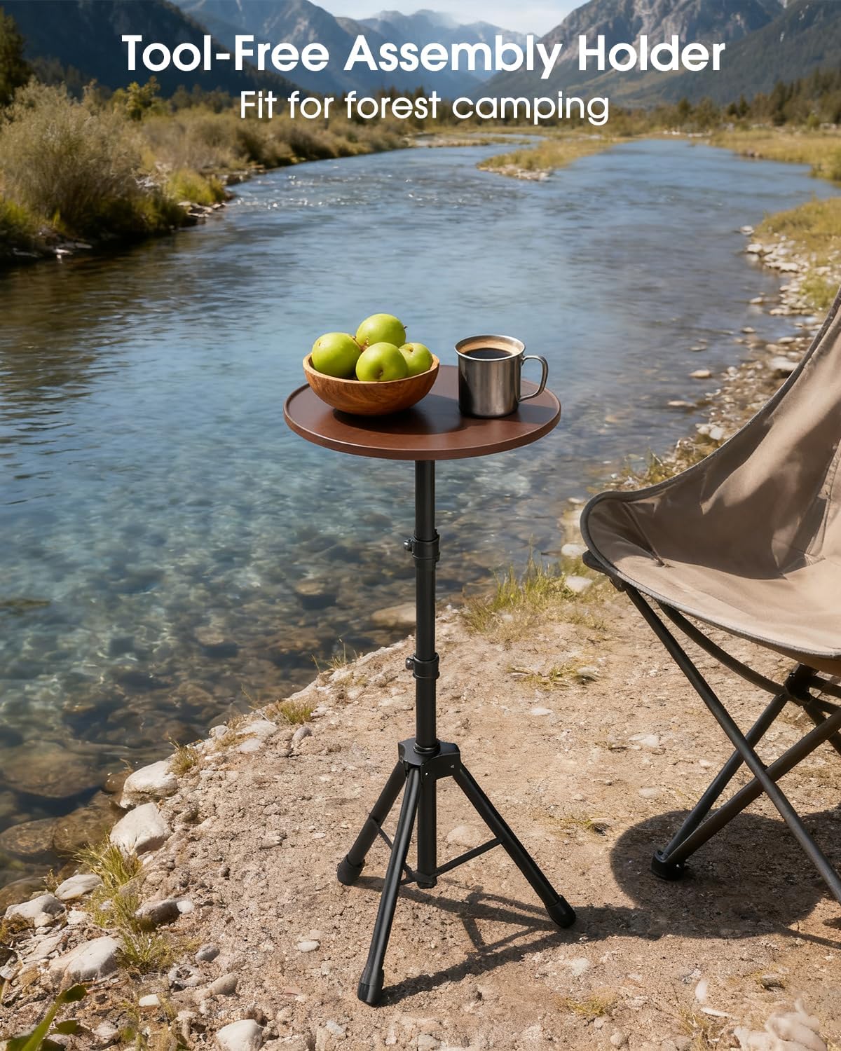 Car Tray Table & Car Laptop Desk - Height Adjustable 360° Swivel Tripod, Solid Wood Car Laptop Mount & Cup Holder Table-Steering Wheel Tray for Dining, Home, Outdoor Picnic, Hiking & Traveling (Round)