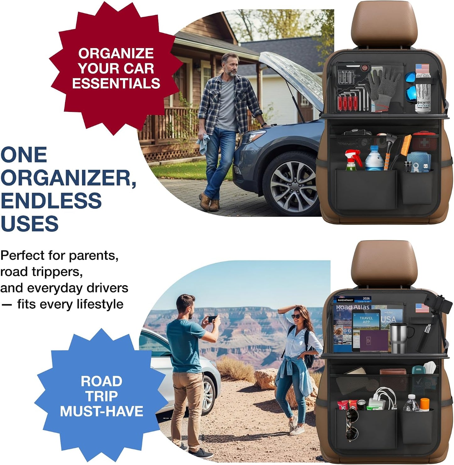 Car Backseat Organizer with Tablet Holder (2-pack) - Updated 2025 Oxford 600D Car Storage Organizer, Foldable Car Tray Kids, Road Trip Essentials, Back Seat Protector Kick Mats, Travel Accessories