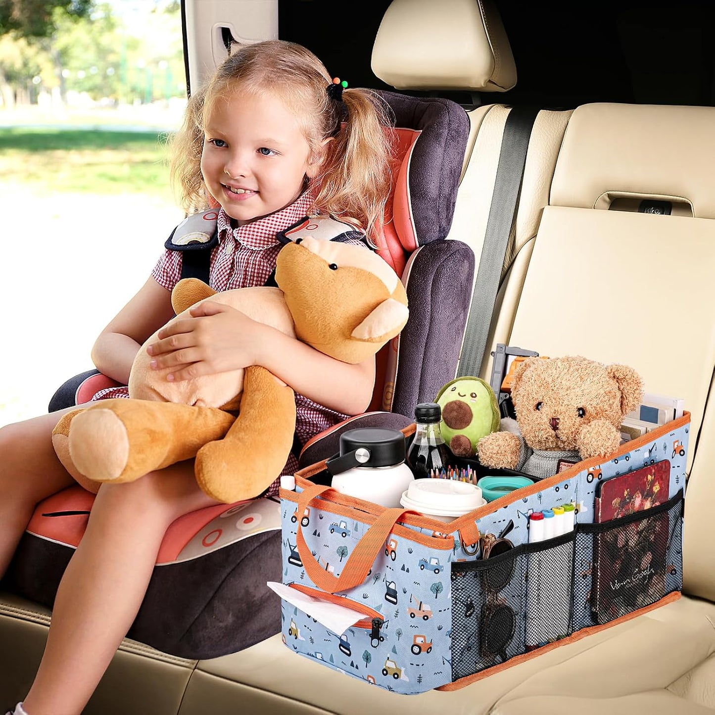HEYSKAY Car Seat Organizer-Passenger Seat Organizer, Collapsible Small Car Seat Organizer for Console Front/Back, Car Seat Caddy Organizer with 4pc Drink Holders Automotive Backseat Organizer for Kids