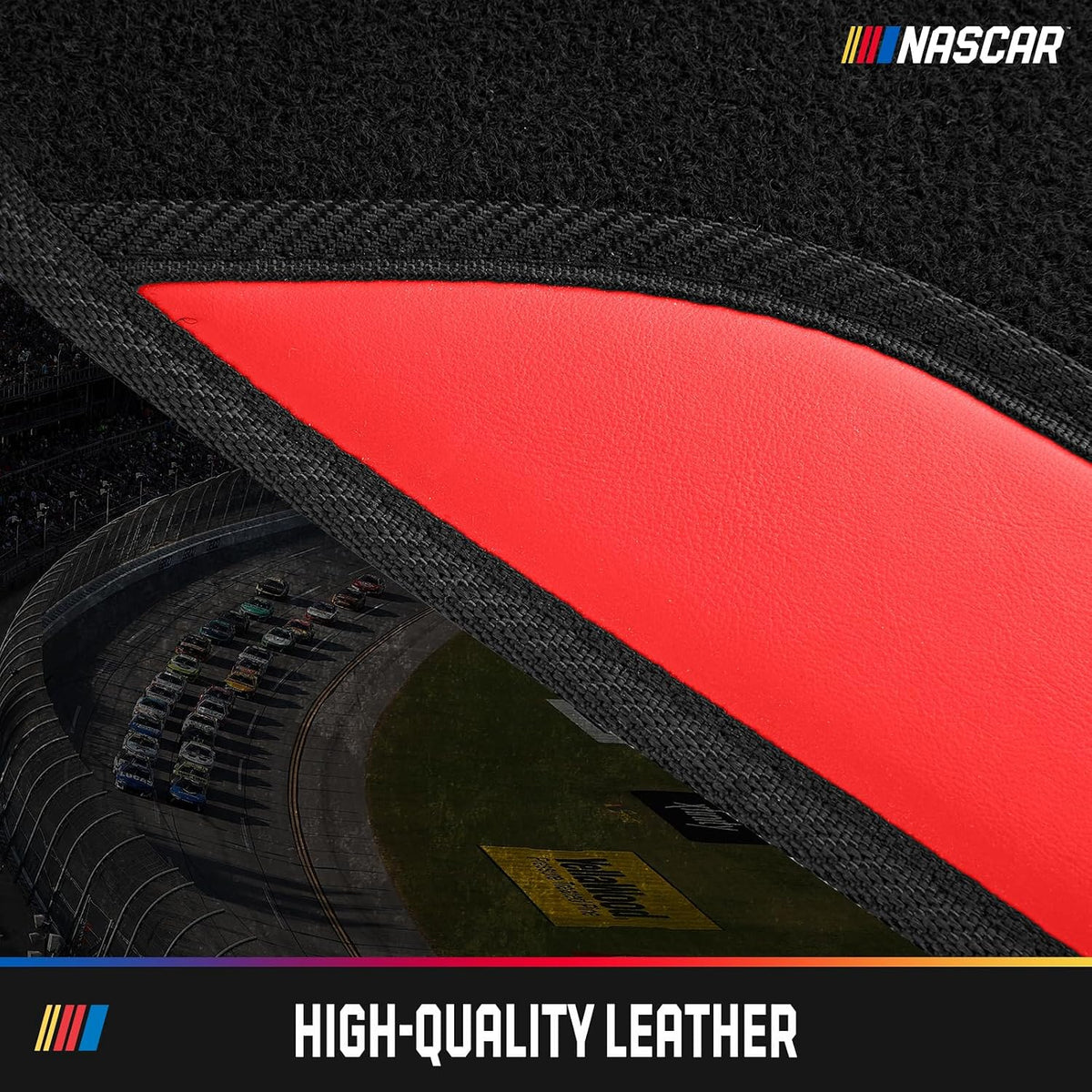 NASCAR Car Floor Mats, Carpet & Red Leather Design Car Mats, Universal-Fit All-Weather Car Floor Mats with Built-in Heel Pad & Anti-Slip Backing, Durable Odorless Automotive Interior Accessories