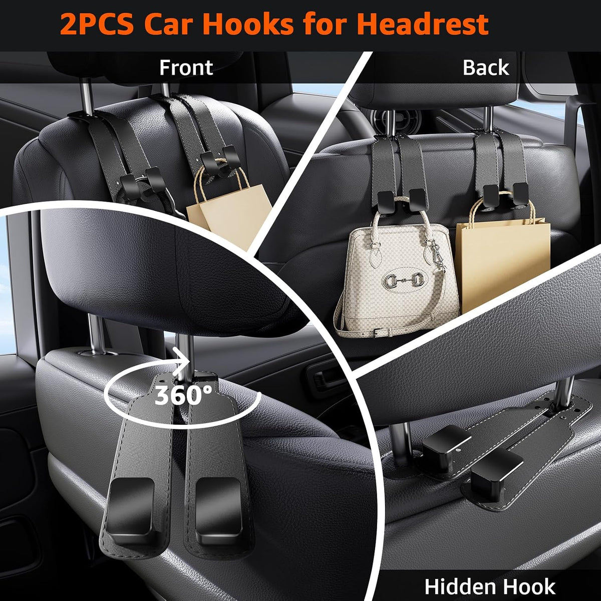Headrest Hooks For Car, Multifunctional Purse Hook Leather Seat Back Storage Hook Double Metal Hooks Car-Hangers for Seat, 2 Pack (Gray)