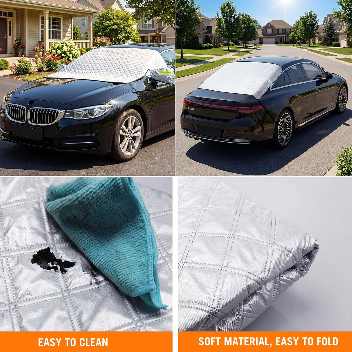 2 Piece Car Windshield Sunshade Set, Front & Rear Window Sun Shade with Magnetic Edges and Side Mirror Covers, Foldable Sun Visor, Blocks UV Rays and Keeps Car Cool(Unobstructed Rearview,Silver)