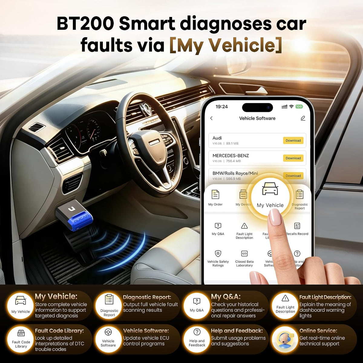 MUCAR BT200 Smart AI-Assisted OBD2 Scanner Bluetooth, OIL TPMS BRAKE BMS SAS Reset with Engine/TMS/ABS/SRS System for iOS & Android, Vehicle Health Check, Smog Check, Active Test, Lifetime Free Update