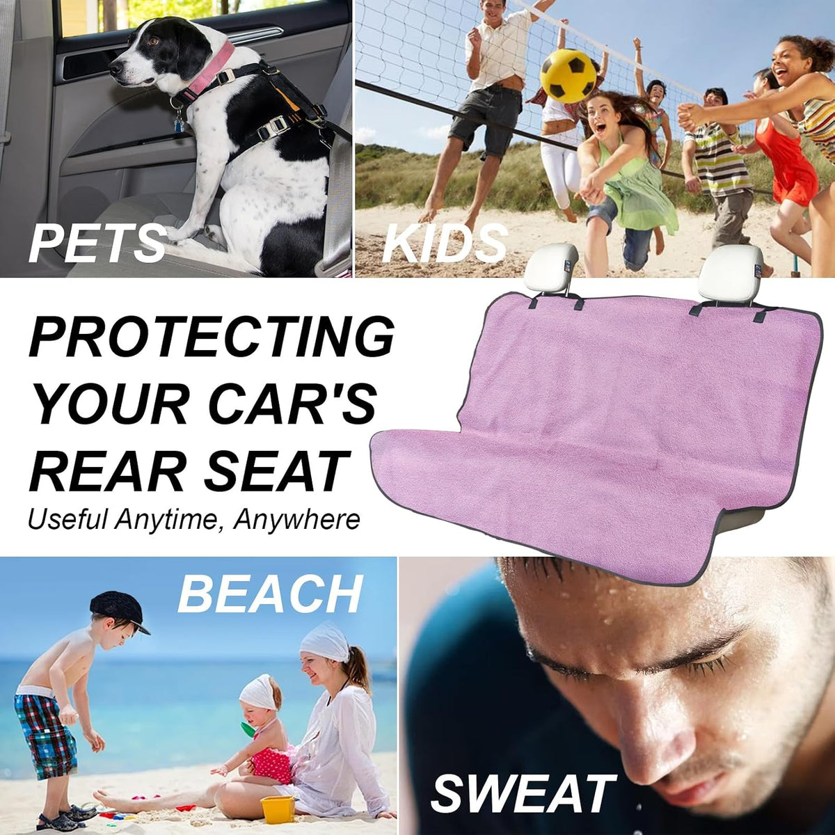 Sweat Towel Car Seat Cover Protector Front Seats for Gym Workout, Running, Swimming, Beach and Hiking, Waterproof Universal Seat Cover for Car, Trucks, Van & SUV (1, Pure Pink, Rear Seat)