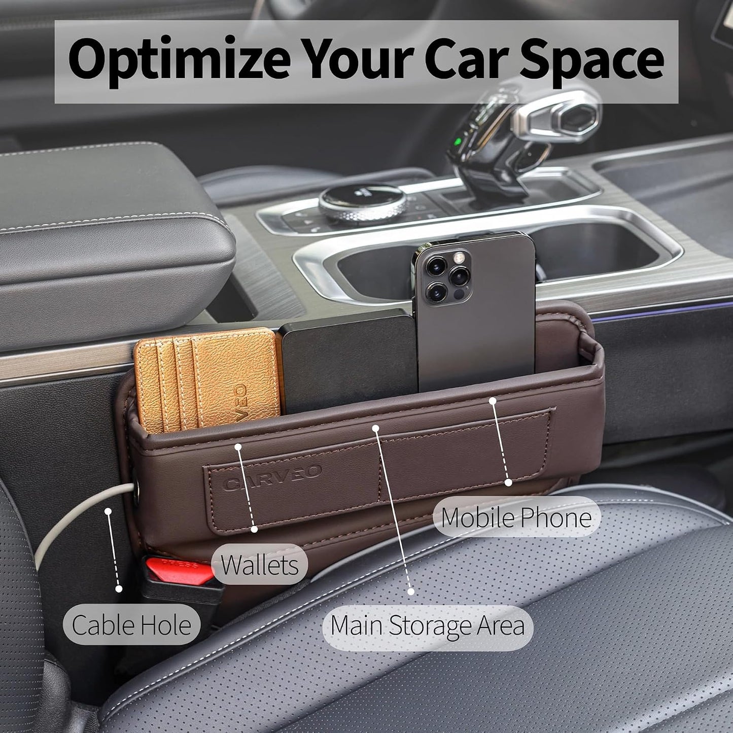 Car Seat Gap Filler Organizer with Charging Hole, In Between Car Seat Catcher for Car, Truck, SUV, Premium PU Leather Interior Accessories, Console Organizer for Phone, Keys and Small Items – Brown