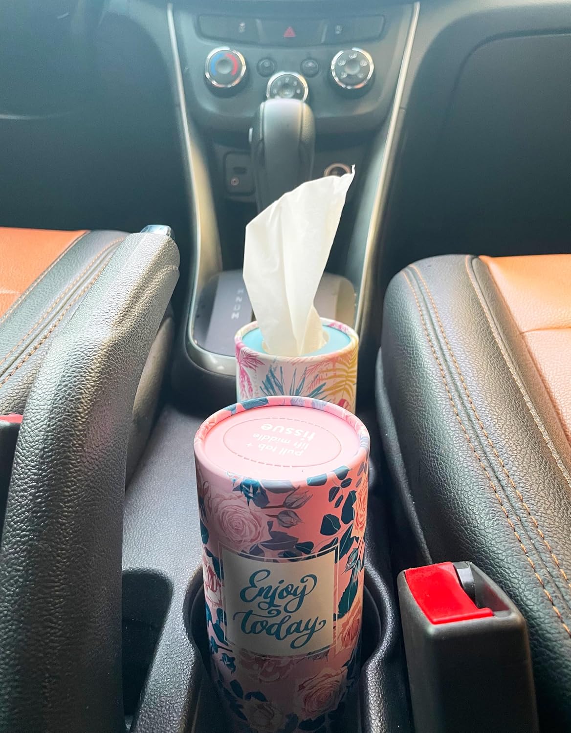 5-Pack Car Tissue Holder (4PK + 1 Lucky Color PK),Car Tissues Cylinder, Cute Floral Design & Positive Quotes | Compact, Super Absorbent 3-Ply Tissues for Car Cup Holders