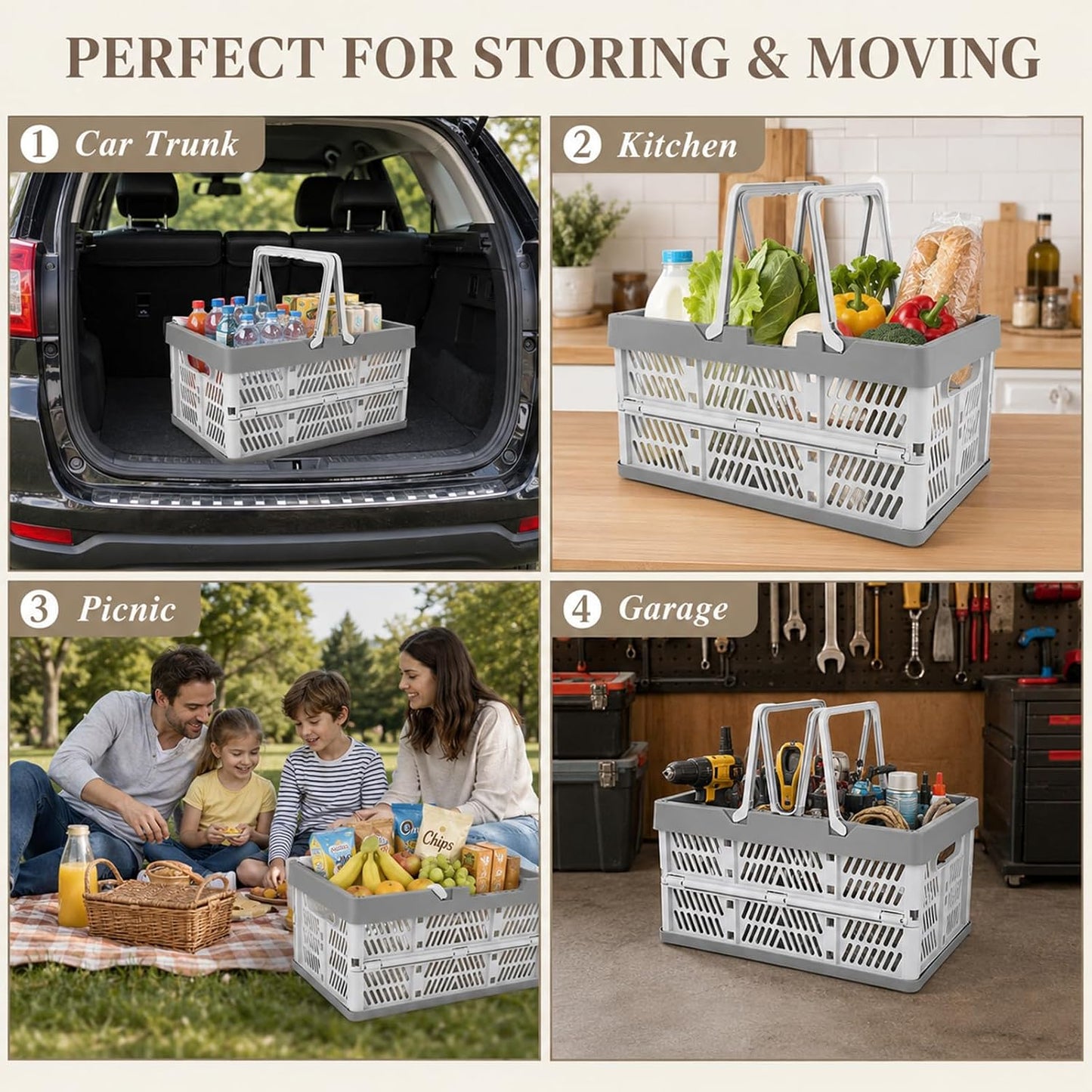 CYEAH 3 Pack Collapsible Shopping Baskets, 20L Foldable Plastic Storage Crates with Handles, Reusable Grocery Baskets for Car Trunk, Pantry, Garage, Kitchen, Picnic and Organizing, Holds 20 lbs Each