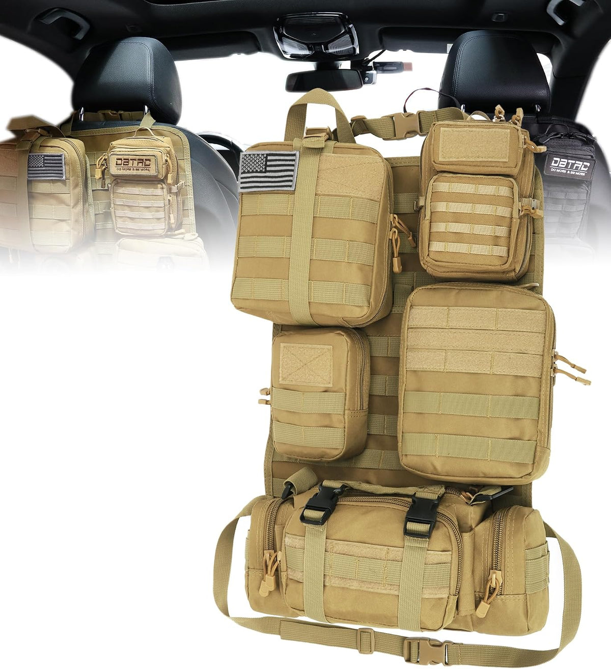DBTAC Tactical Molle Car Seat Organizer | Vehicle Back Panel with 5X Detachable Pouches, US Flag & Writable Reflective Patch for Cars, Trucks, SUVs, Sedans