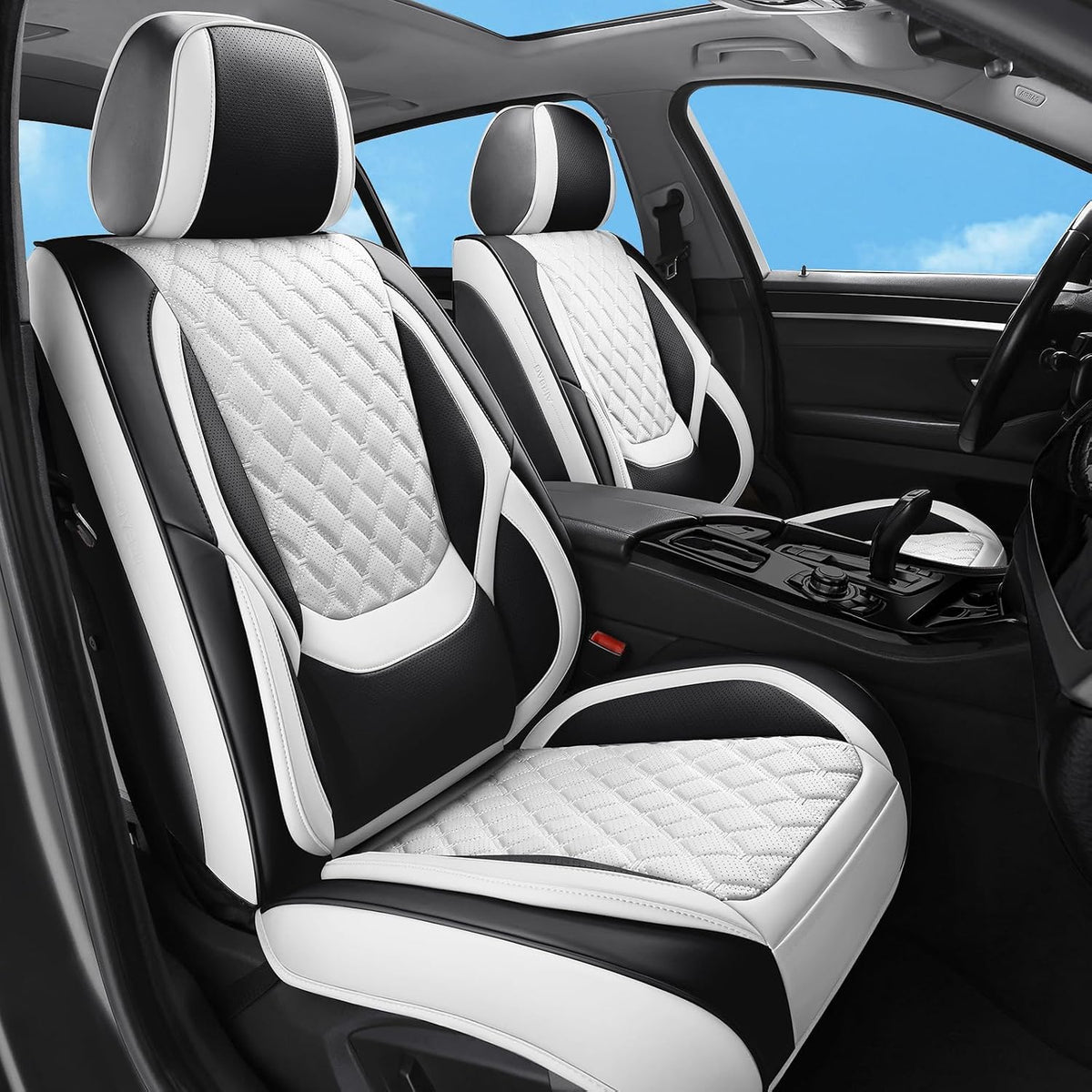 Car Seat Covers Full Set,5 Seat White Leather Seat Covers for Cars,Front Seats and Back Seat Cover,Waterproof Car Seat Cushion Protectors,Universal Fit for Most Cars SUV Trucks (White Black, Full Set)