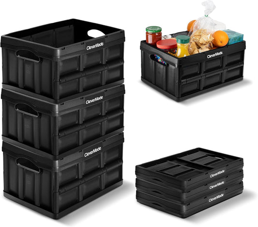 CleverMade Collapsible Storage Bins, 32L 3 Pack, Durable Plastic, Obsidian | Built-in handles simplify garage, car and household organization, while the roomy open-top keeps bulky supplies accessible