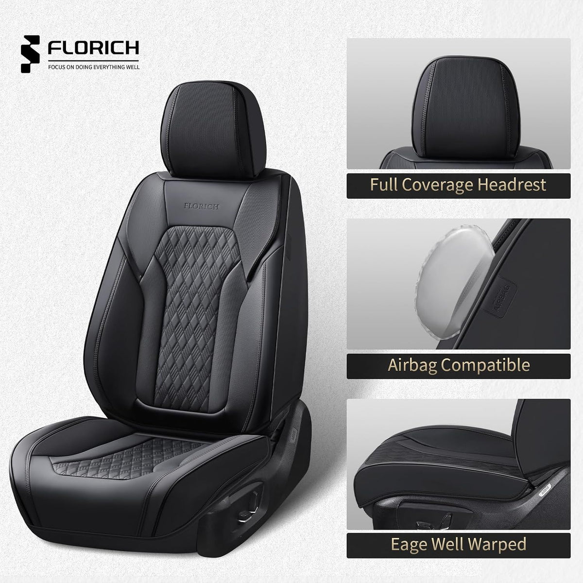 FLORICH Seat Covers, Car Seat Covers Front Seats, Luxury Nappa Leather Seat Covers, Breathable and Waterproof Car Seat Protector 2 Seat, Automotive Seat Covers Universal Fit for Most Cars-Black