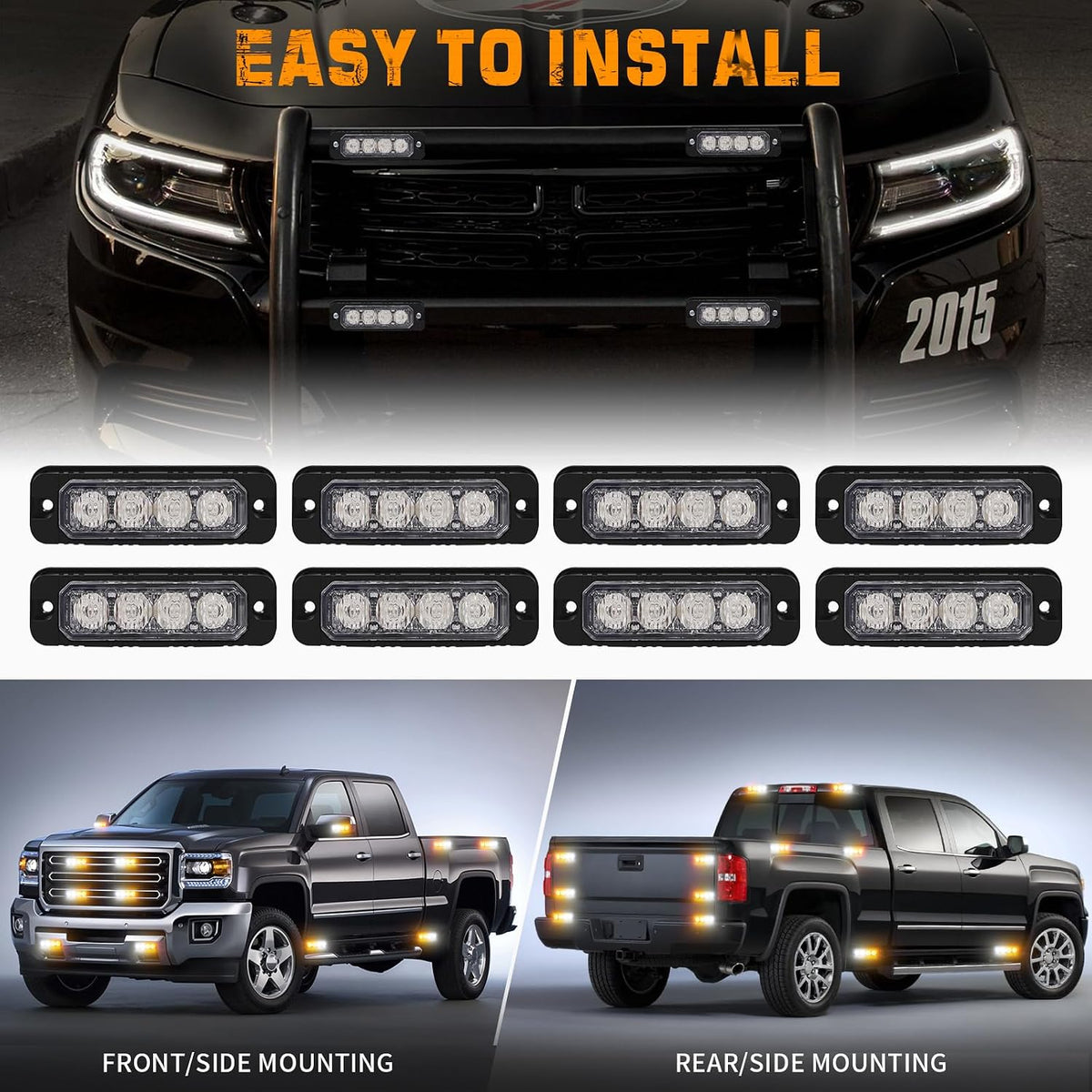 XRIDONSEN 8PCS Sync Grill Strobe Lights 32 LED Amber White Grille Light Bar