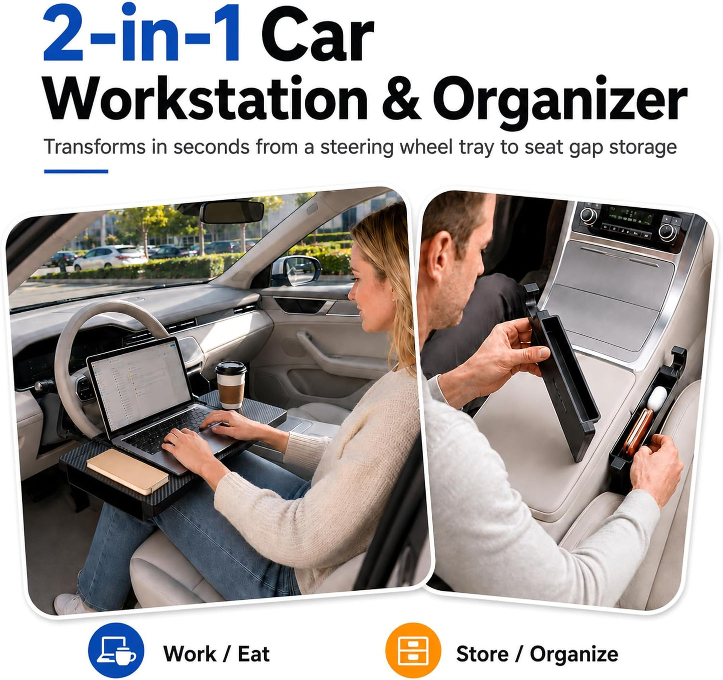 2-in-1 Steering Wheel Tray and Car Laptop Desk with Seat Gap Organizer | Carbon fiber look for working, eating or tablet use, fits standard round steering wheels,use only while safely parked