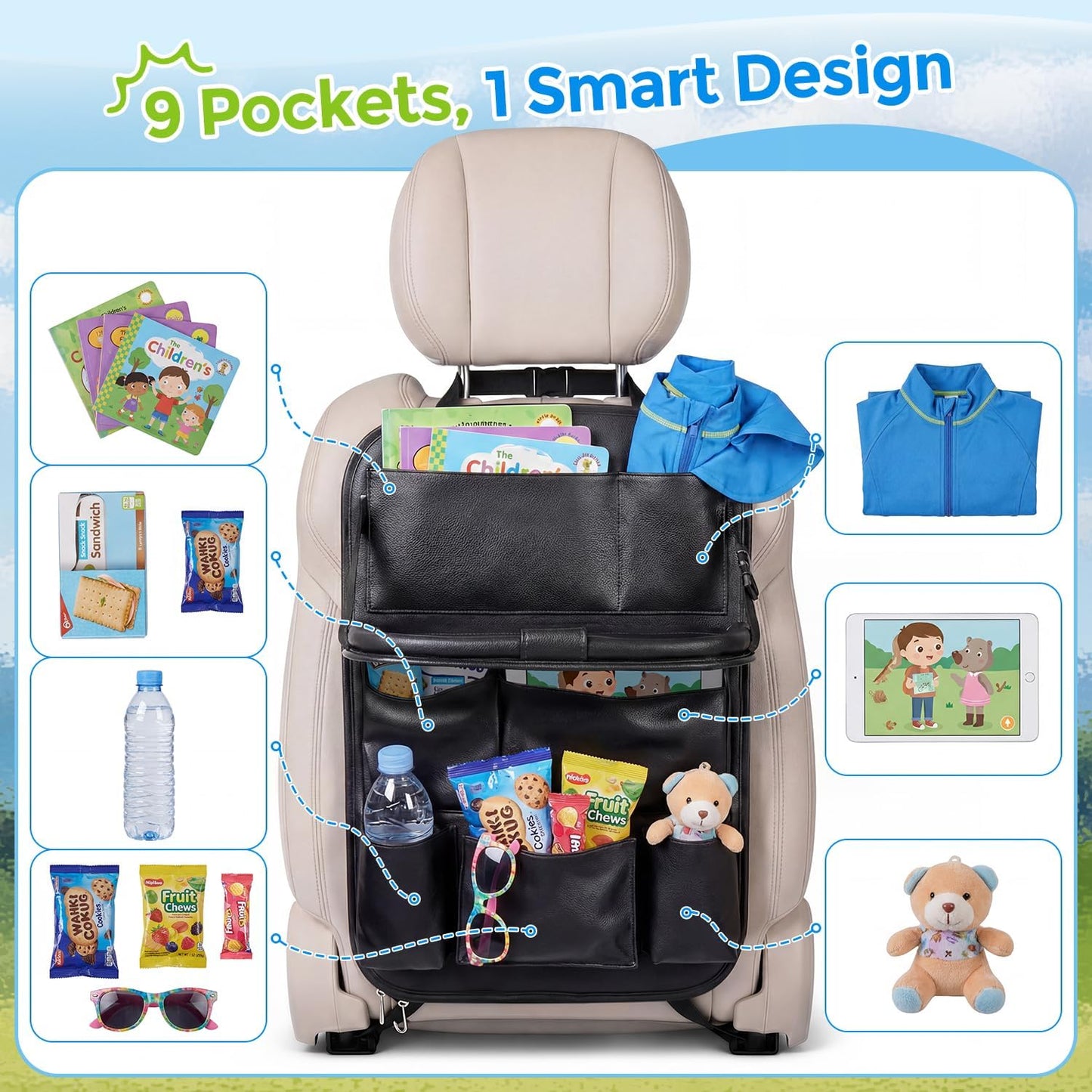 Tsumbay Car Backseat Organizer with Tablet Holder,9 Storage Pockets Foldable Table Tray Seat Back Protectors Kick Mats -PU Leather 1Pck