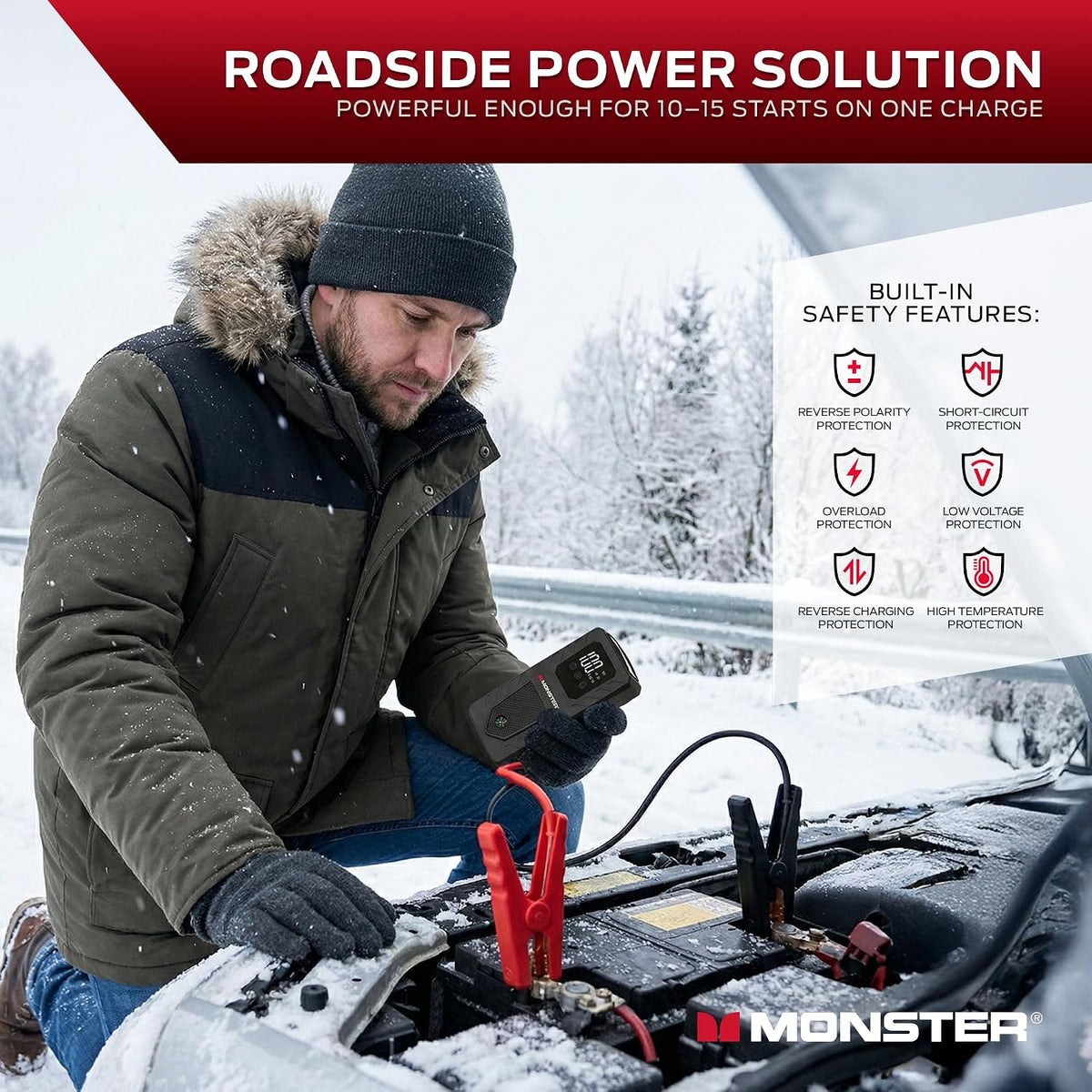 Monster 8000mAh Multi-Function Jump Starter, 12V Output, Dual USB Ports, LED Light, Built-in Compass