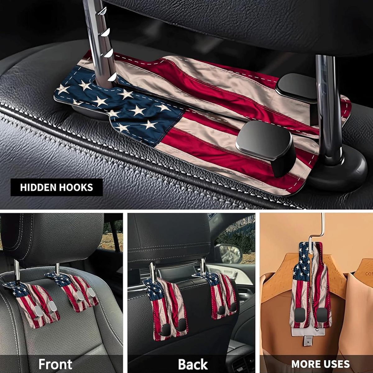 Car Seat Headrest Hook, Universal Leather Cute Hanger Holder Hook, Storage Organizer Interior Accessories for Purse Bags Handbag Cute American Flag