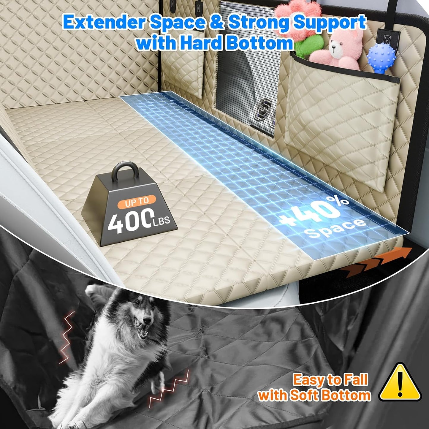 Dog Car Seat Cover for Back Seat with Hard Bottom,Waterproof Back Seat Extender for Dogs,Dog Hammock Dogs Bed for Cars, SUVs,Pet Seat Cover for Back Seat Holds 400lbs with Mesh Window & Pocket-Khaki