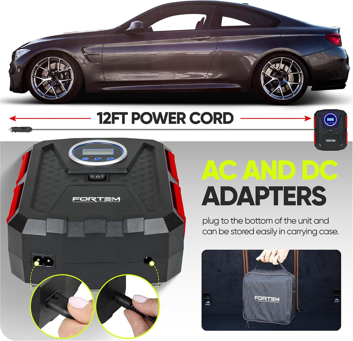 FORTEM Tire Inflator Portable Air Compressor, Air Pump for Car Tires and Bikes, Car Tire Pump w/Auto Shut Off, 150 PSI, 110V AC 12V DC, LED Light, Carrying Case, Perfect for Men, Women