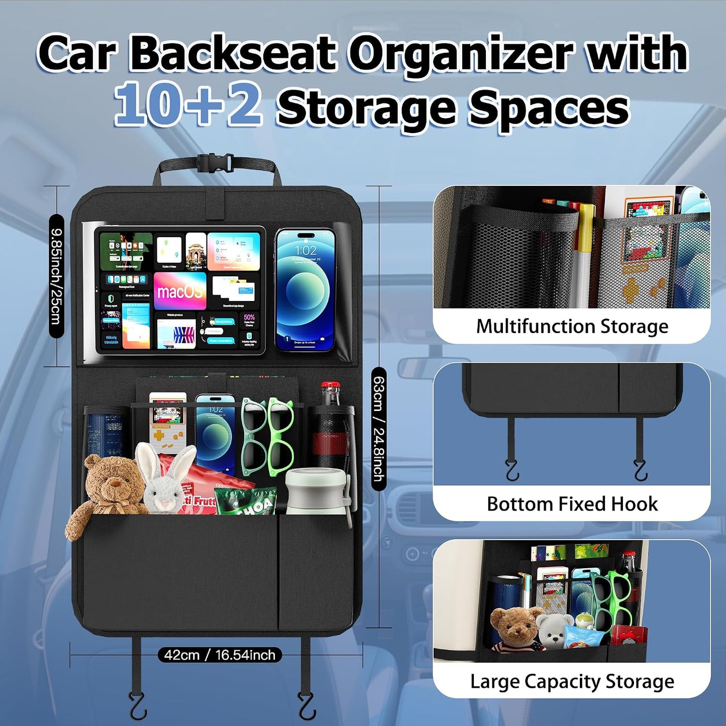 KaiCross Backseat Car Organizer with Upgraded Foldable Tray, Car Seat Organizer for Kids, Travel Accessories with 9 Storage Pockets,Car Seat Organizer Backseat with Touch Screen-1 Pack