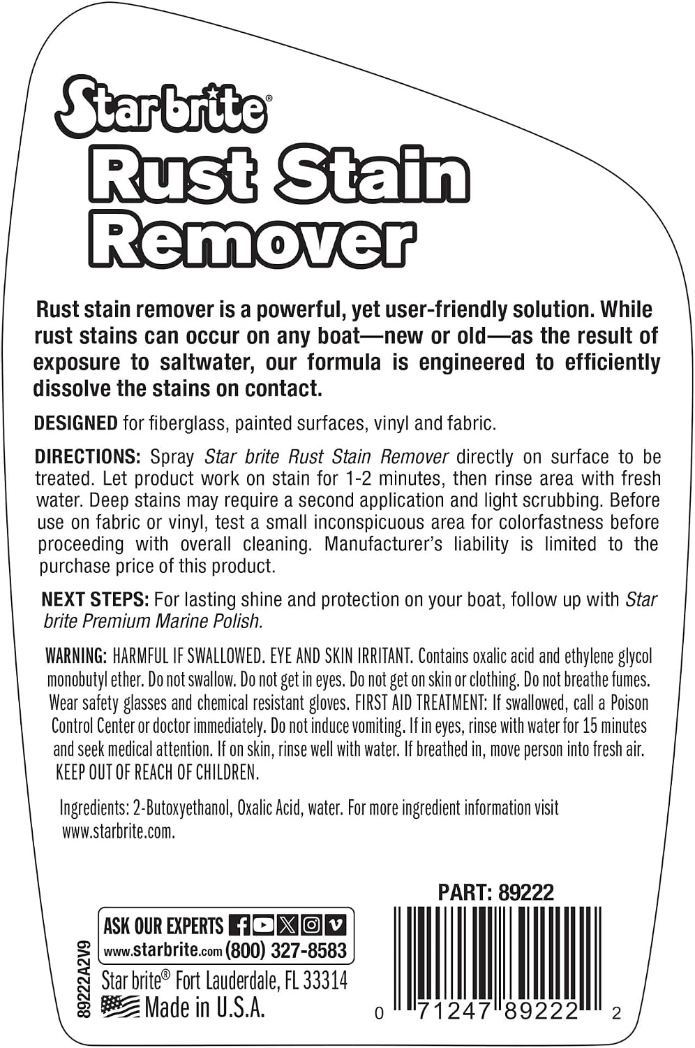 STAR BRITE Rust & Corrosion Stain Remover - Fast-Acting Spray for Fiberglass, Vinyl, Fabric, Metal & Painted Surfaces - Also Removes Sprinkler Stains 22 OZ (089222P)