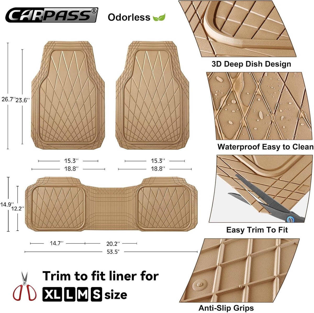 CAR PASS Heavy Duty Rubber Car Floor Mats, Deep Dish All Weather Car Mats Full Set, 3 Piece Waterproof Premium Anti-Slip Floor Mats Rugs Universal Trim to Fit for 95% Sedan SUV Van Truck, All Beige