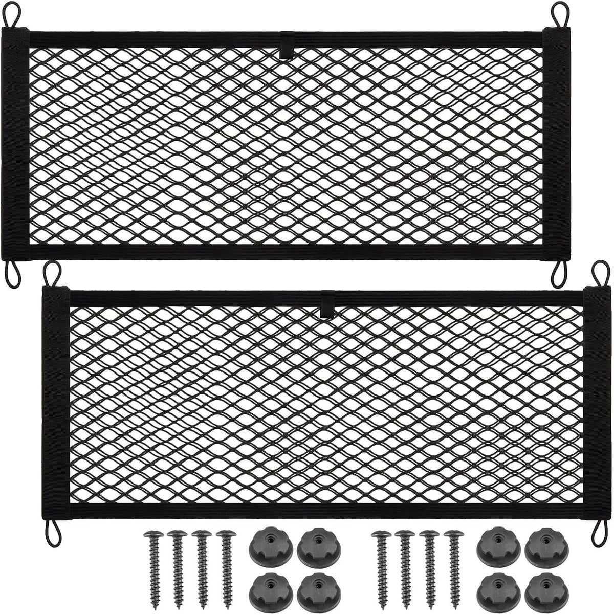 2 Pack Universal Mesh Cargo Net，BetterJonny Stretchable Elastic Automotive Cargo Nets with 8 Pieces Mounting Screws and Hooks for Car Trunk Storage Mesh Pocket Net(24 x 9.8 Inches)