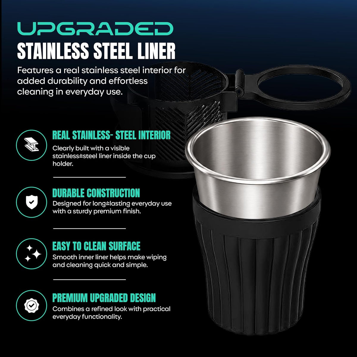 Car Cup Holder Extender with Adjustable Phone Holder, 360° Rotating Cup Holder Expander with Stainless Steel Liner, Fits Tumblers, Water Bottles, Coffee Cups & Soda Cans with Bases Under 78 mm.