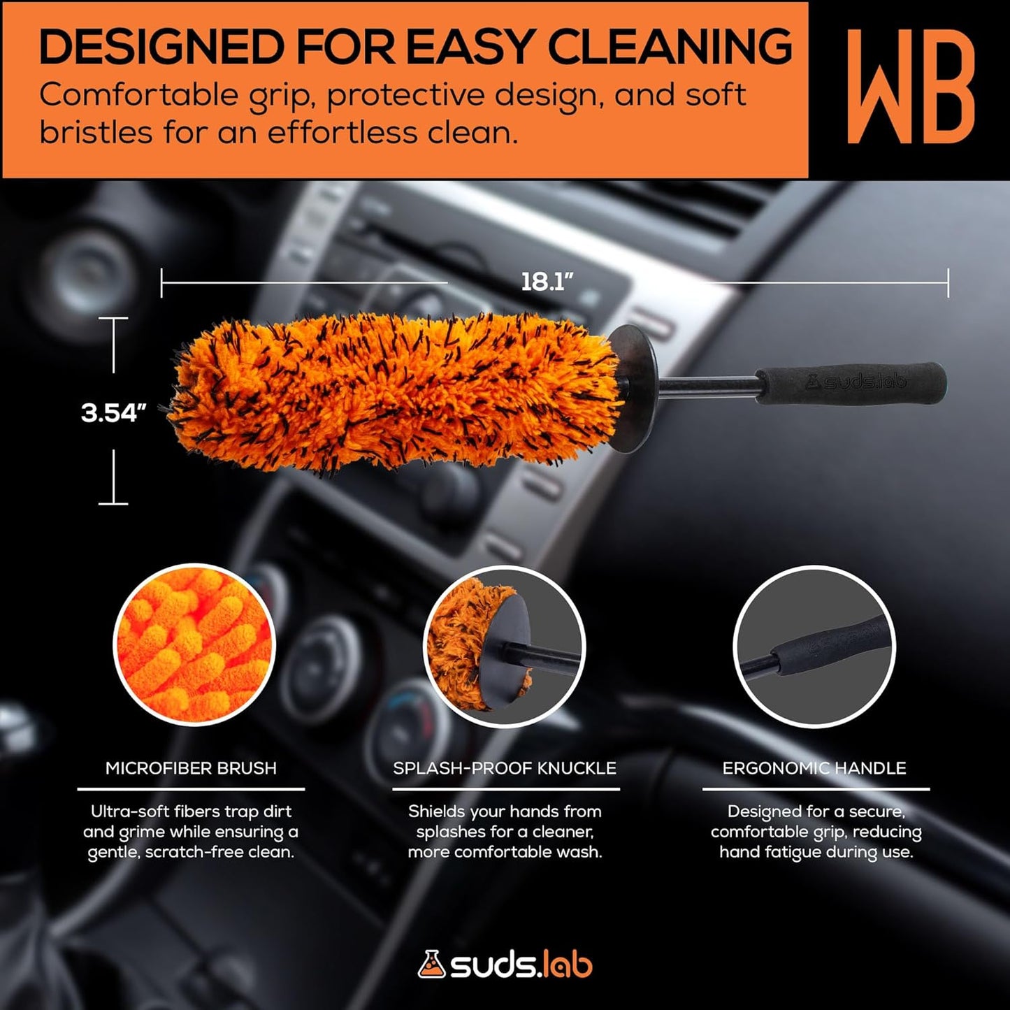 Suds Lab WB Premium Microfiber Cleaning Wheel Brush for All Vehicle Types – 18.1" Ultra-Soft & Scratch-Free Reusable Rim, Wheel, and Tire Brush with Ergonomic Handle