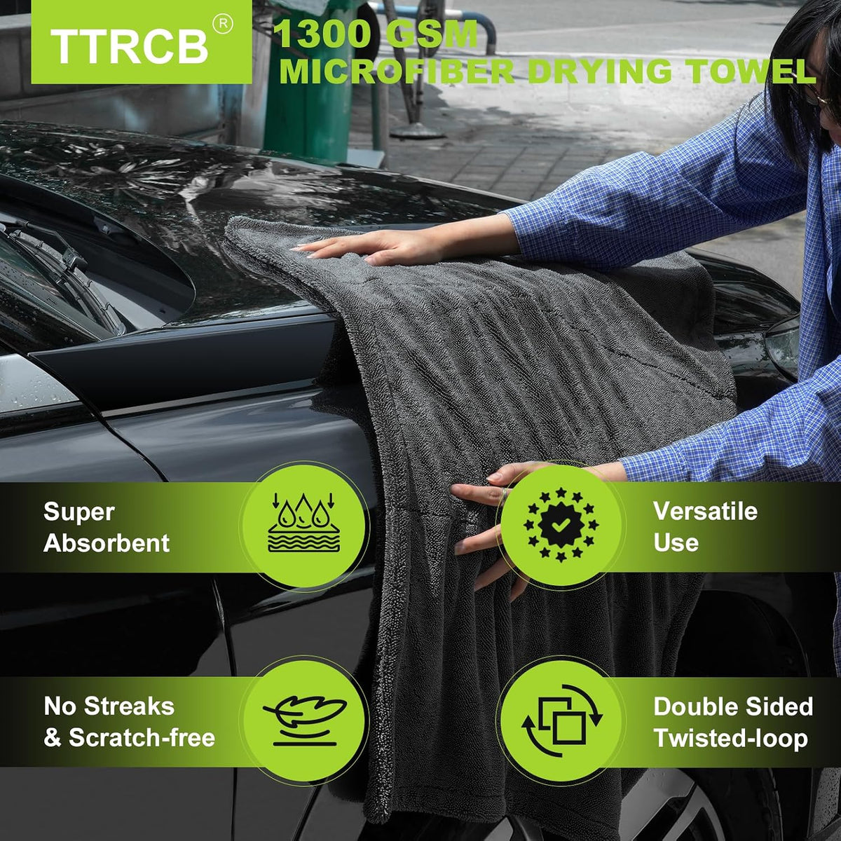 TTRCB 2 Pack Car Drying Towel, 1300 GSM Microfiber Towels for Cars (36" x 24" & 16" x 16"), Car Wash Mitt, Ultra-Absorbent, Streak Free, Car Wash Kit, Car Cleaning Detailing Supplies for SUVs, Trucks
