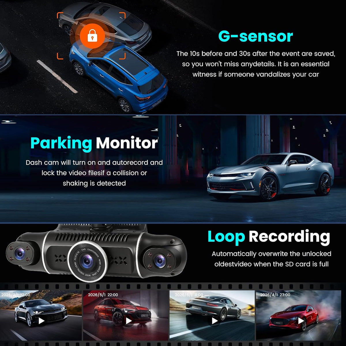4 Channel Dash Cam 360° View Front Rear Inside & Left Right,Dash Camera FHD 2K+1080Px3 for Car, 8 IR Lamps Night Vision, APP, WiFi, GPS, G-Sensor, 24/7 Parking Mode, with a Free 64GB SD Card