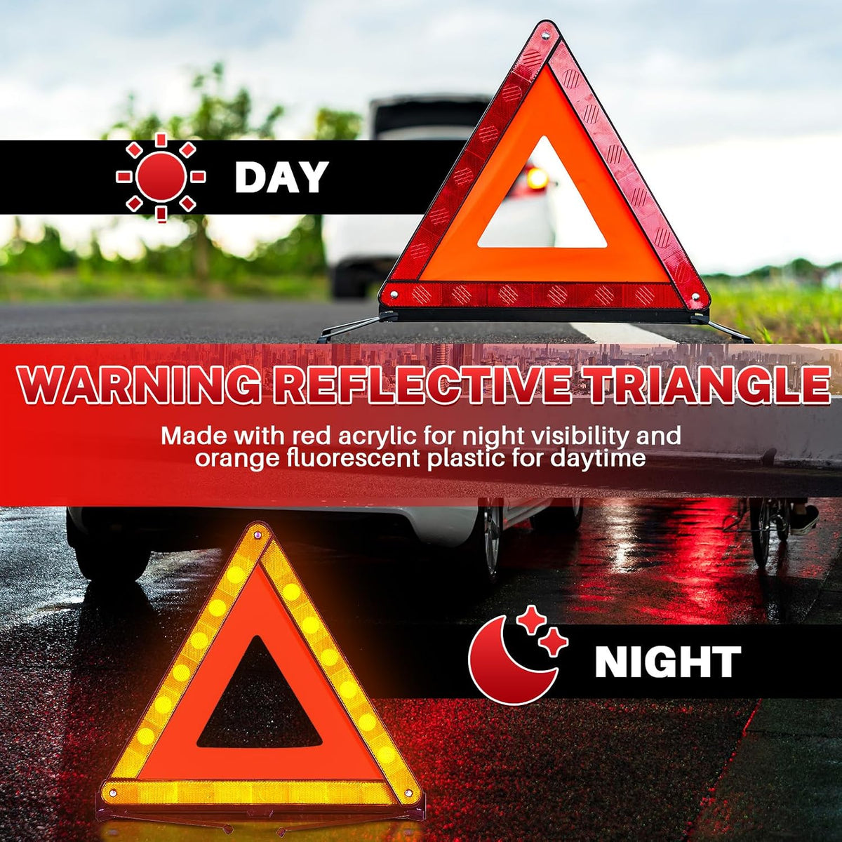 MAOPINER 3 Pack Reflective Emergency Warning Triangles with Case