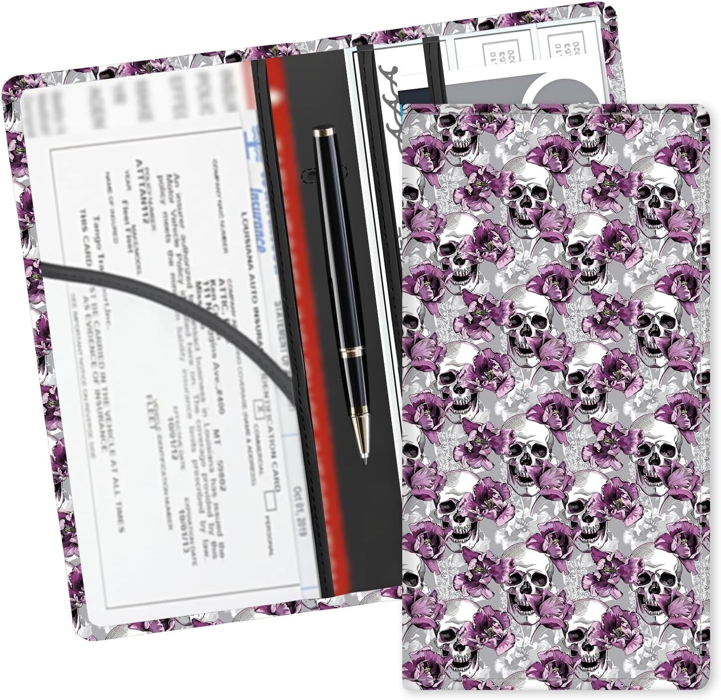 Leather Car Registration and Insurance Card Holder, Cute Car Accessories Vehicle Glove Box Car Organizer for Documents, Cards, License Cool Skull Flowers