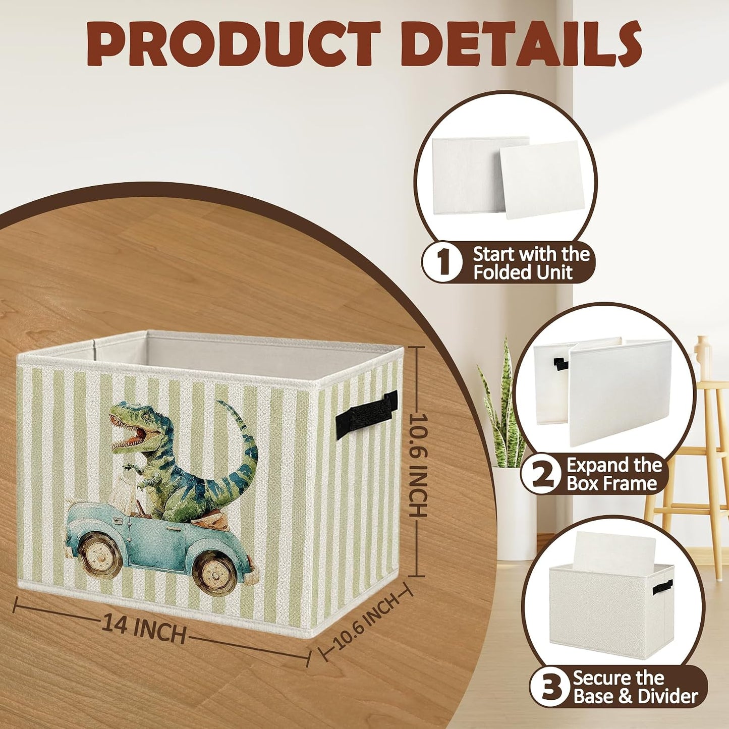 Dinosaur Car Boy Nursery Storage Bins with Handles | Dinosaur Racing Car Green Striped Foldable Collapsible Storage Basket Organizer for Kids Room Bedroom Bathroom Books Clothes